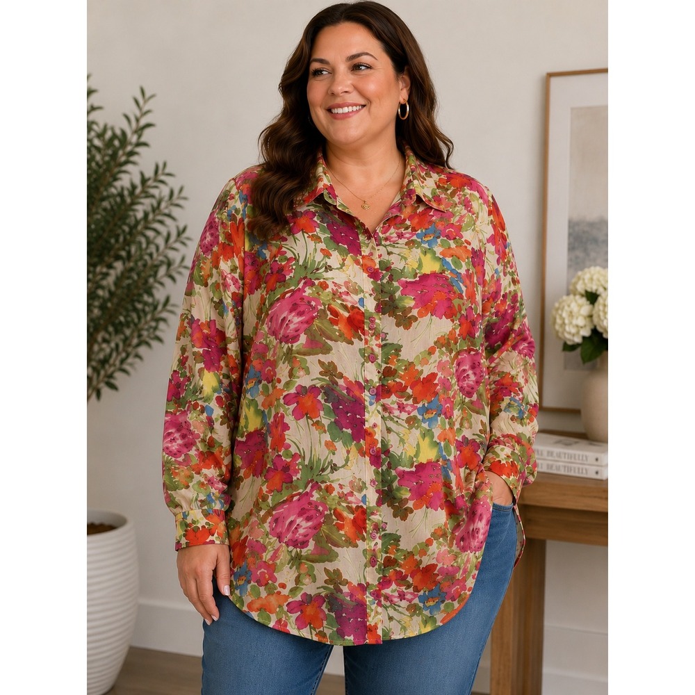 Norm Thompson Chiffon Button‎ Shirt Women 2X Floral Lined Plus Size Cottagecore